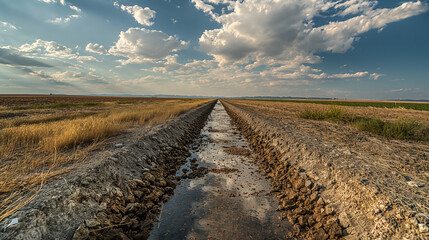 Fototapeta premium Wide-angle view of an irrigation canal run dry, with desolate plantation fields in the background 