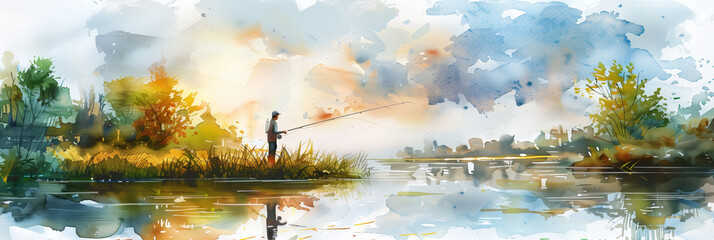 Watercolor painting of a man fishing with a rod at the riverside.