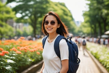 Woman enjoying a sunny day in a park filled with flowers, wearing sunglasses and a backpack. Ideal for travel or leisure-themed designs, evoking a cheerful and relaxed atmosphere.
