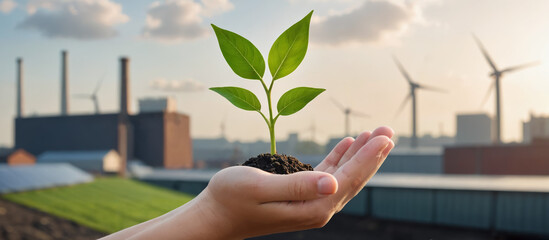 A hand holding a small seedling with green leaves against a backdrop of wind turbines and industrial structures symbolizes sustainability and renewable energy. Perfect for Earth Day or environmental