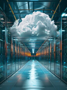 a cloud-based data storage system. cloud in the center of the server room hyper realistic 
