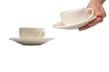 Ceramic white coffee cup and saucer isolated on white background.