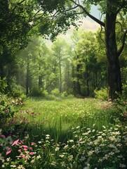 A forest with green trees and flowers in spring, green unspoiled nature concept hyper realistic 