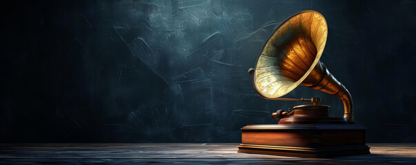 Vintage phonograph with large horn on wooden base against dark background, representing retro music and nostalgic sound equipment.