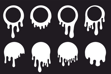 Melt drip circle white paint round splash with drops, liquid shape, stain isolated on dark background. Flowing fluid, slime or cream.
