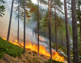 Obraz premium A fire moving up the hillside in the forest. Can be used in content related to fire, campfires, or forest fires.