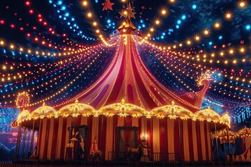 Enchanting, magical circus tent, Carnival themed background featuring a big top tent, circus performers, and dazzling lights