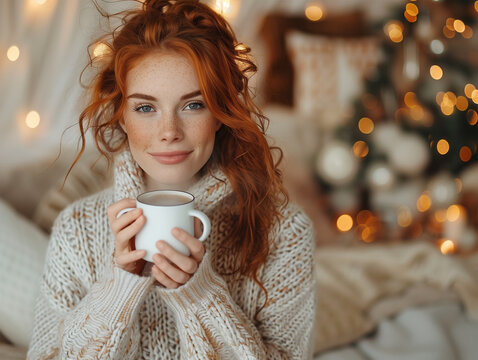 Smiling Redhead Woman in Cosy Sweater Holding Hot Drink During Christmas in Front of Christmas Tree. 