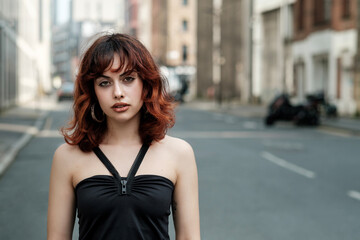 Nostalgic portrait of red hair woman in the middle of the street.