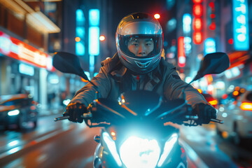 Fototapeta premium Asian man wearing a helmet drives a motorcycle in the city at night.