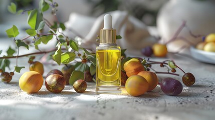 Marula Skincare:Premium Marula Oil Bottle with Fruits in Sophisticated Setting