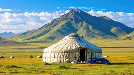a yurt in the grassland, on a green meadow with a blue sky and white clouds. A traditional Kazakh yurt building among mountains and forest.