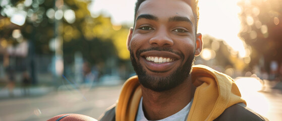 A young man in a yellow hoodie smiles warmly while holding a basketball on a sunny street.