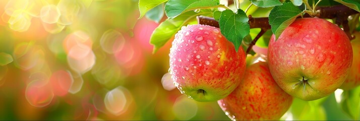 Obraz premium fresh, healthy and ripe red apples hanging on a branch of an apple tree