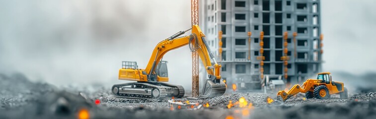 Highrise building under construction with cranes and heavy machinery. Investment infrastructure progress, miniature style as wide banner copyspace.