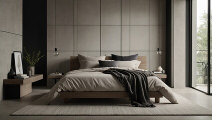 Generate a modern bedroom with clean lines, minimalist decor, and a neutral color palette