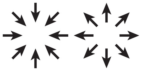Symbol of expansion and contract, inward and outward arrows in circular, black and white vector illustration on white background in eps 10.