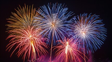 Vibrant, colorful fireworks display, Close up fireworks photography revealing intricate details of the colorful explosions against the black canvas of the night