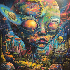 Obraz premium Psychedelic Alien Head with Cosmic Elements