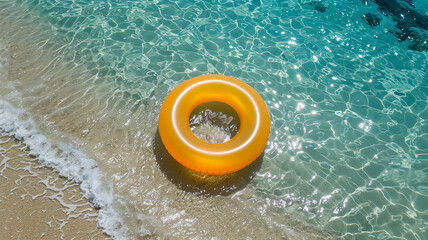 Obraz premium Yellow inflatable ring floating on water surface in swimming pool on sunny day