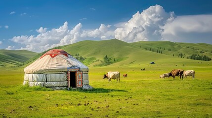 a yurt in the grassland, on a green meadow with a blue sky and white clouds. A traditional Kazakh yurt building among mountains and forest.