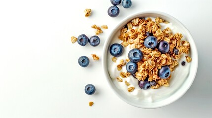Healthy breakfast bowl with yogurt, granola, and fresh blueberries. Simple and clean white background. Nutrition and wellness concept for breakfast or snack. Perfect for food blogs and ads. AI