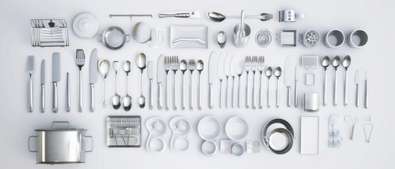 An organized, overhead view of various kitchen utensils arranged neatly on a white surface.