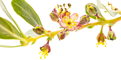 Macro shoot of jojoba twig with flowers on white background. Concept of natural beauty, botanical studies, skincare ingredients, and pure nature