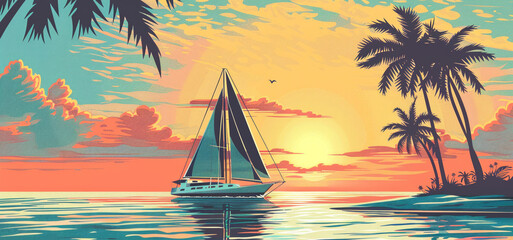 Vector illustration of sailing boat and beautiful scenic landscape of tropical sea.