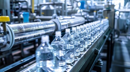 Naklejka premium a line of bottles of water on a conveyor belt in a factory