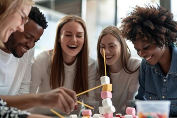 Diverse Team Engaged in Team Building Workshop Focused on Problem Solving and Creativity