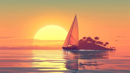 Vector illustration of sailing boat and beautiful scenic landscape of tropical sea.