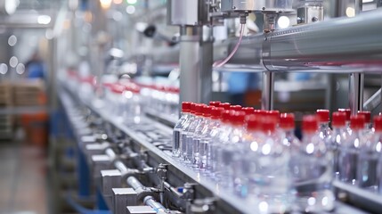 Naklejka premium a factory with a lot of bottles of water on the assembly line