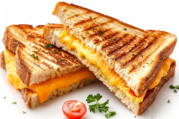 Grilled cheese sandwiches with fresh herbs and tomatoes, vibrant and delicious, food photography