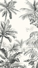 Seamless Border Hand Drawn Black and White Lithography Illustration Retro Style Design. Tropical wallapaper. AI generated illustration