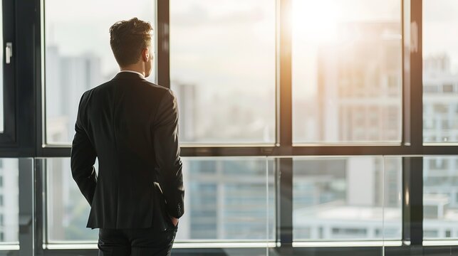 Thoughtful businessman observing cityscape, conceptualizing corporate strategy