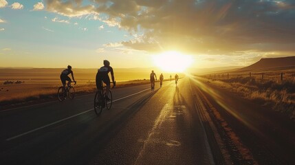 Fototapeta premium Triathletes Cycling at Sunrise on Open Road with Stunning Sky for Early Morning Dedication Concept
