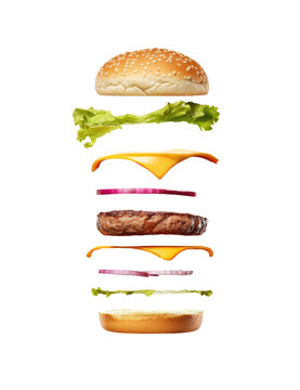 Floating deconstructed cheeseburger ingredients isolated on white background. 