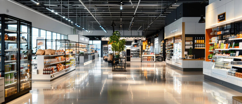 A spacious supermarket with neatly organized shelves and a modern design, inviting customers for a pleasant shopping experience.
