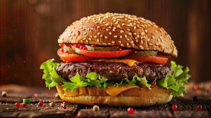 Tasty and delicious hamburger with beef patty, lettuce, onions, tomatoes, cucumbers and cheese.
