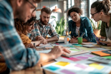 Creative Team Collaborates in Marketing Workshop with Visuals and Strategic Planning Elements