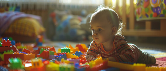 A curious baby lies amidst a colorful array of building blocks, absorbed in his playful exploration of shapes and colors in a sunlit room.