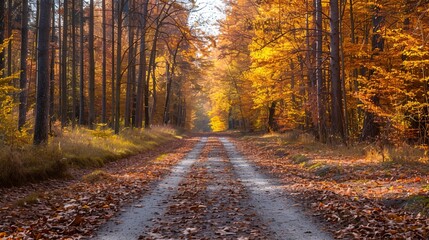 Obraz premium a dirt road surrounded by trees with leaves on the ground