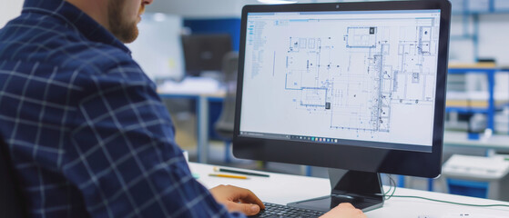 A man in an office environment working on architectural blueprints displayed on a large computer screen.