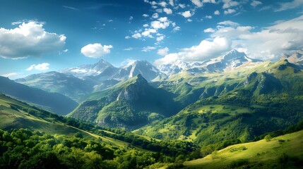 Majestic Pyrenees mountains with a clear blue sky and lush green valleys 8k. - Powered by Adobe
