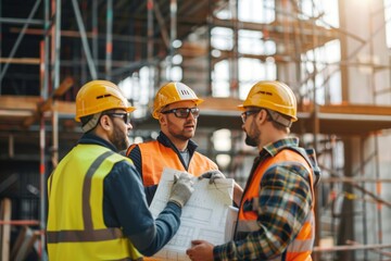 Construction Workers Collaborating on Building Site Project - Safety Gear Coordination