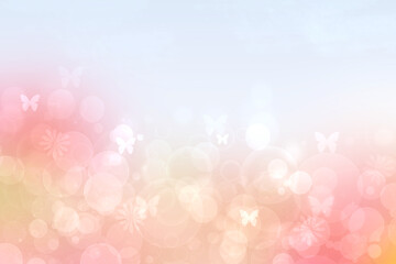 Abstract blurred vivid summer light delicate bright pink yellow bokeh background texture with bright soft color flowers and butterflies. Hello spring card concept. Beautiful backdrop illustration.