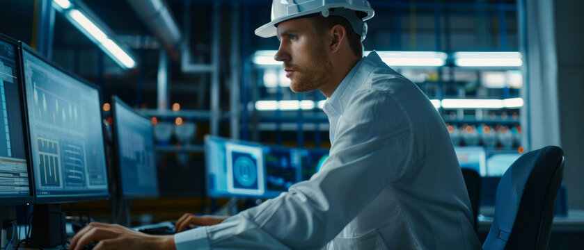 A determined engineer in a hard hat focuses intently on multiple screens in a high-tech industrial control room.