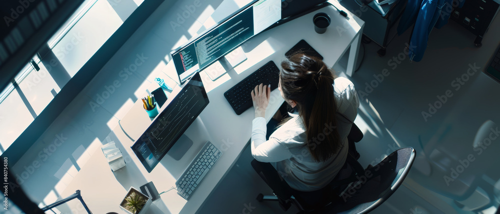 Wall mural a woman in a modern office working at a desk with multiple monitors, coding intently under natural l