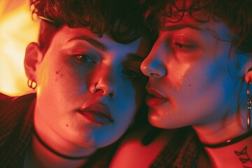 Two young women with piercings in neon lighting